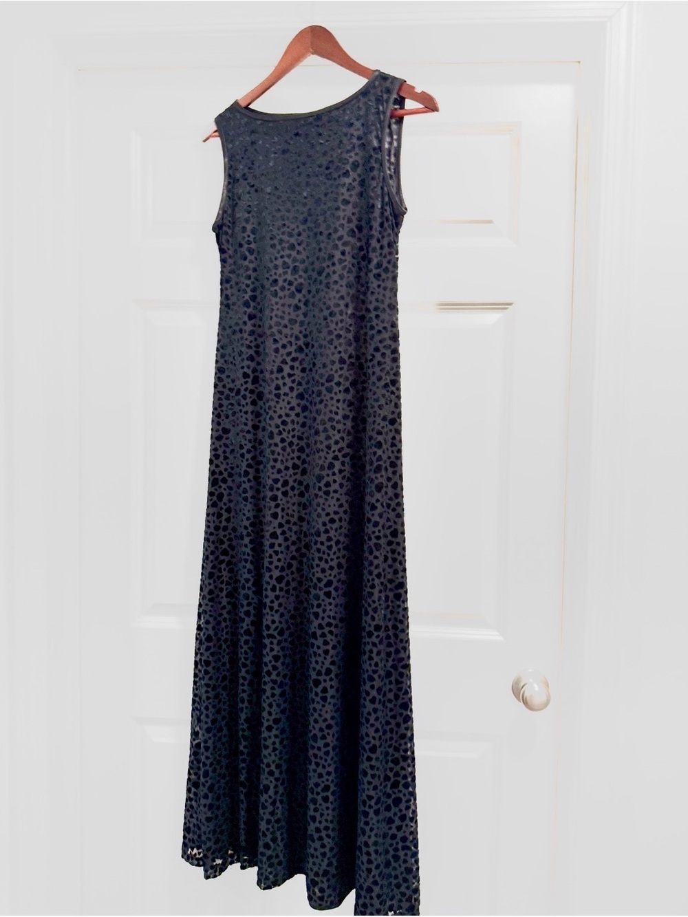 Vintage Evan Picone Black velour spotted Maxi Dress Sleeveless high chest A-Line